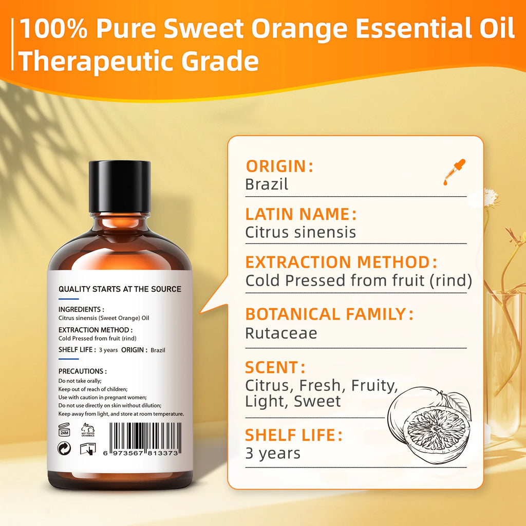 Óleos Essenciais de Laranja Doce HIQILI, Natureza 100% Pura, Aromaterapia, Difusor, Umidificador, Massagem, Ar Fresco, Vela, 100ml