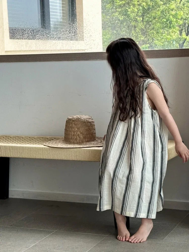 Crianças roupas meninas vestido sem mangas nova moda verão 2025 estilo coreano listra vertical francês retro vestido de férias