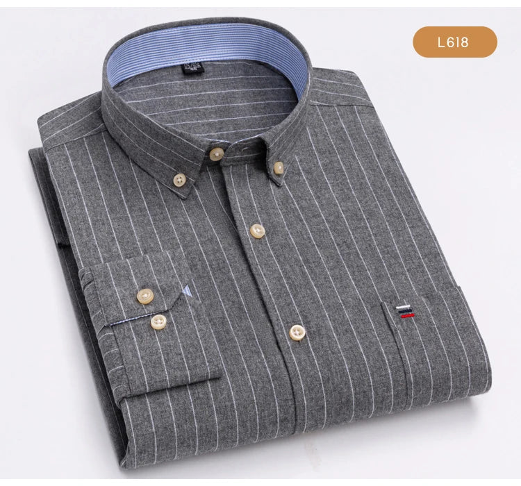 Camisas de vestido de algodão com design de gola de lapela listrada xadrez na moda masculina, camisa casual de manga comprida com botões para primavera/outono