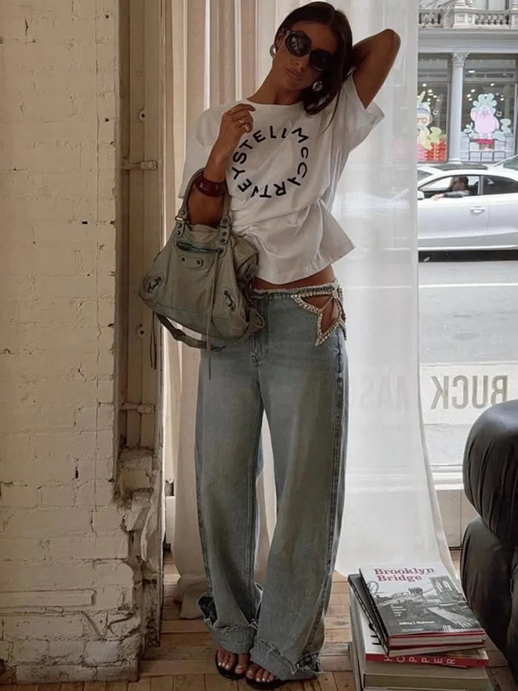 Calça Jeans Feminina Y2K Chic com Estrelas e Diamantes, Cintura Baixa, Recortes Laterais, Perna Larga Solta, Estilo Hip-Hop Streetwear Retrô Elegante