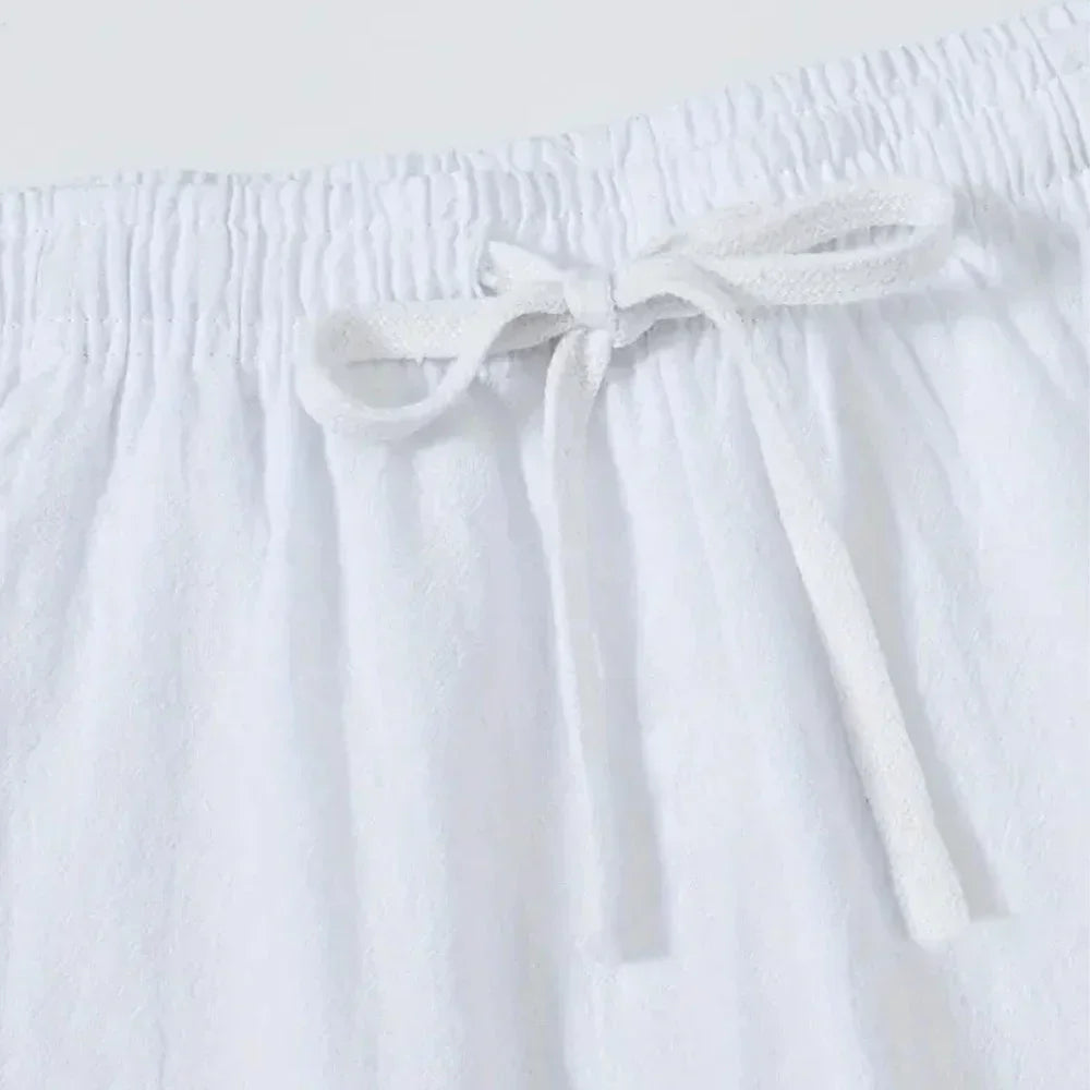 Calça masculina de algodão e linho, solta, respirável, com cintura elástica, cor sólida, casual, para corrida, fitness, verão, esportes, calça de moletom