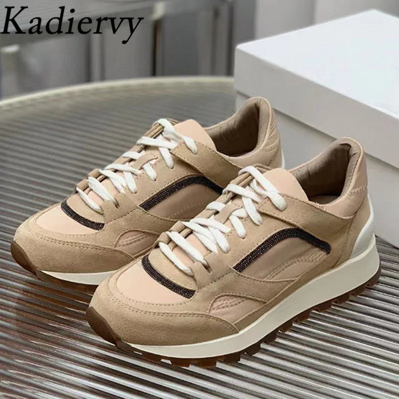 Sapatos casuais mulher dedo do pé redondo corrente corda grânulo conforto tênis de corrida senhoras camurça vaca retalhos rendas até tênis planos