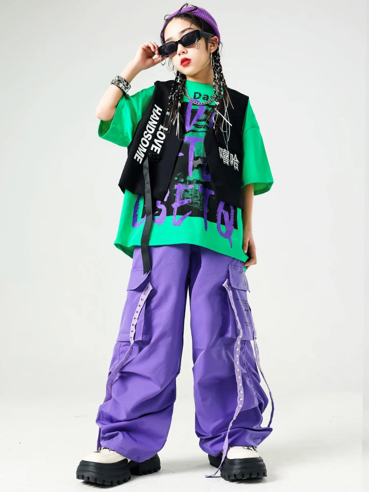 Conjunto de camiseta e calças infantis legais, trajes de jazz, Hip Hop Streetwear, roupas femininas, moda feminina, corredores de rua, colete infantil