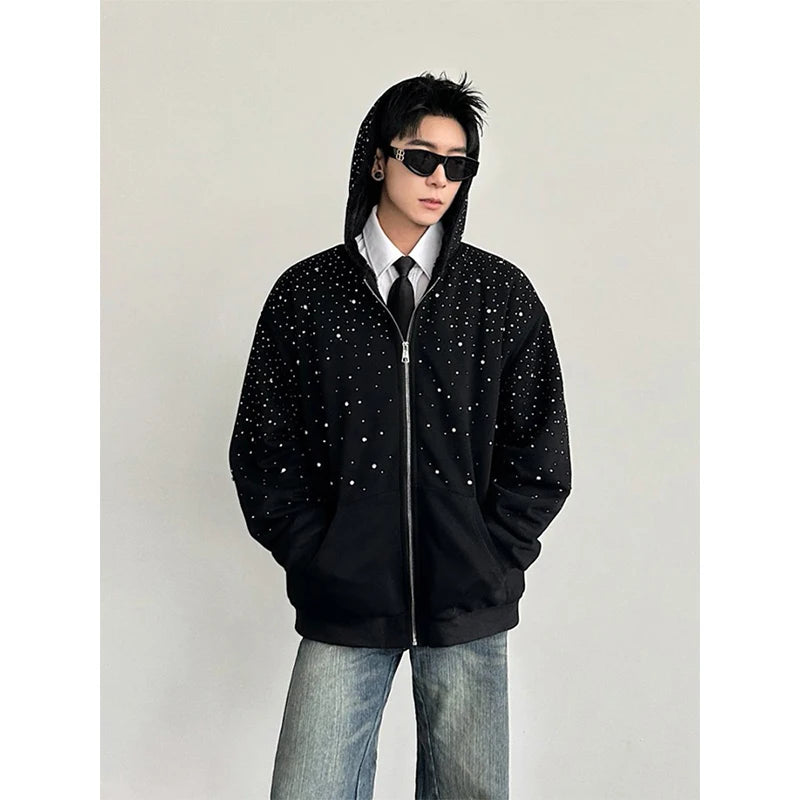 Thiened Fce Cardigan com capuz e zíper moletom masculino Faion Urban Sle outono inverno peso pesado diamante embelezado Ja...