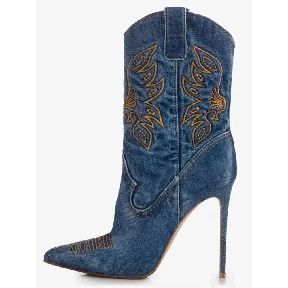 Moda feminina europeia e americana salto alto apontado ocidental denim bordado linha joelho manga alta botas de strass