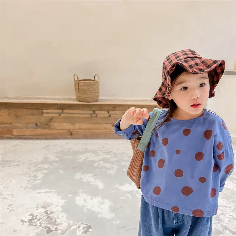 Camiseta outono temporada crianças roupas novo coreano meninos meninas manga comprida undershirt dot gola redonda algodão macio