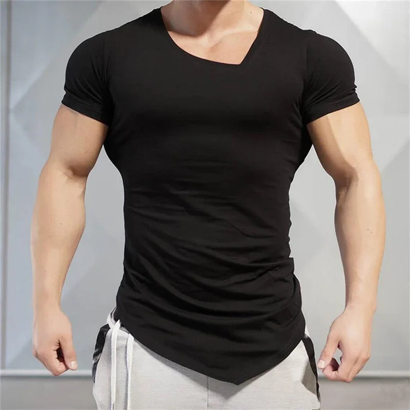 Camiseta apertada masculina Slim Fit Fitness, roupa sólida, top de algodão, musculação branca, verão, academias, marca