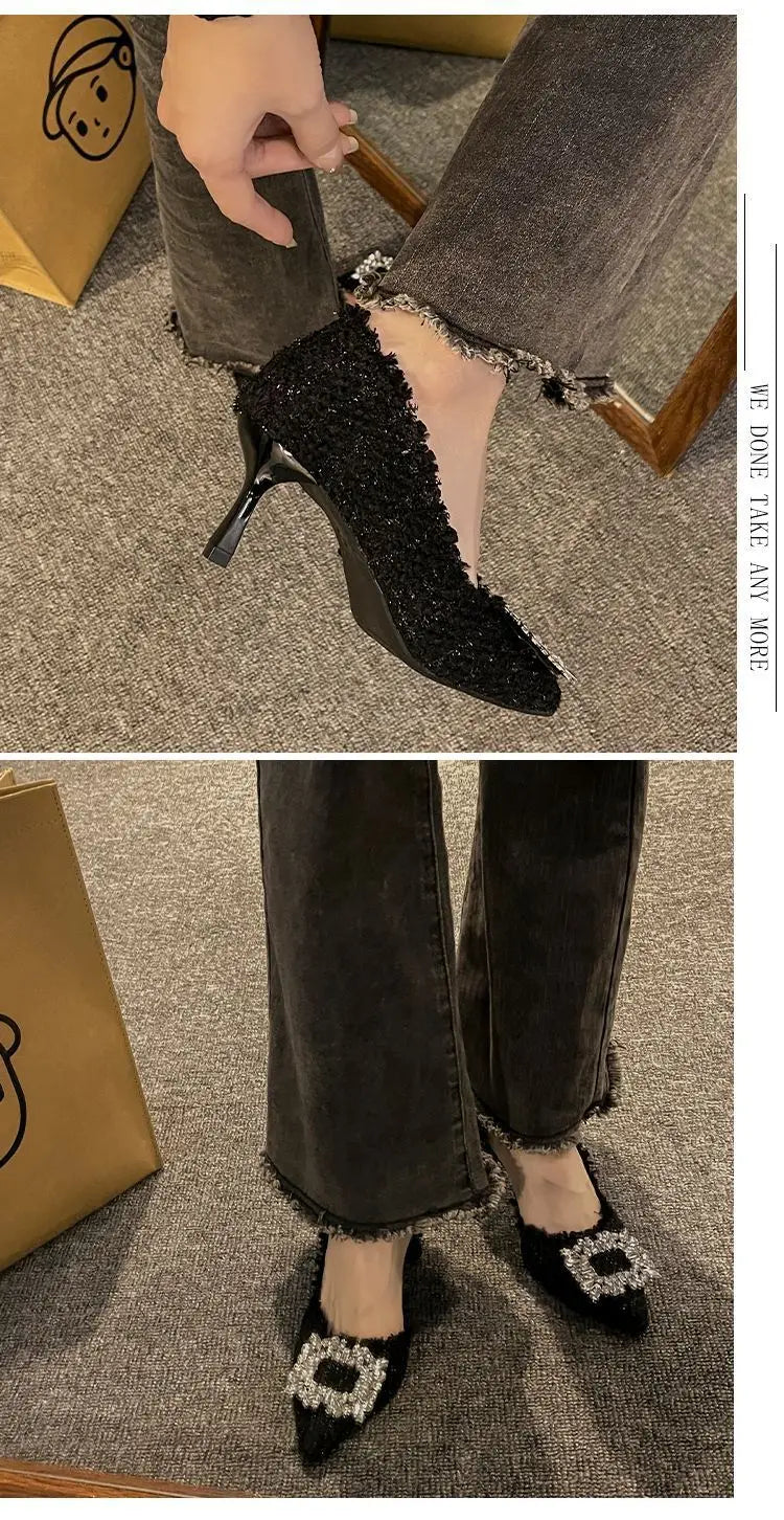 Salto estilete para mulheres, sandálias de strass, botão quadrado, sapatos de casamento, moda feminina, branco, 2024