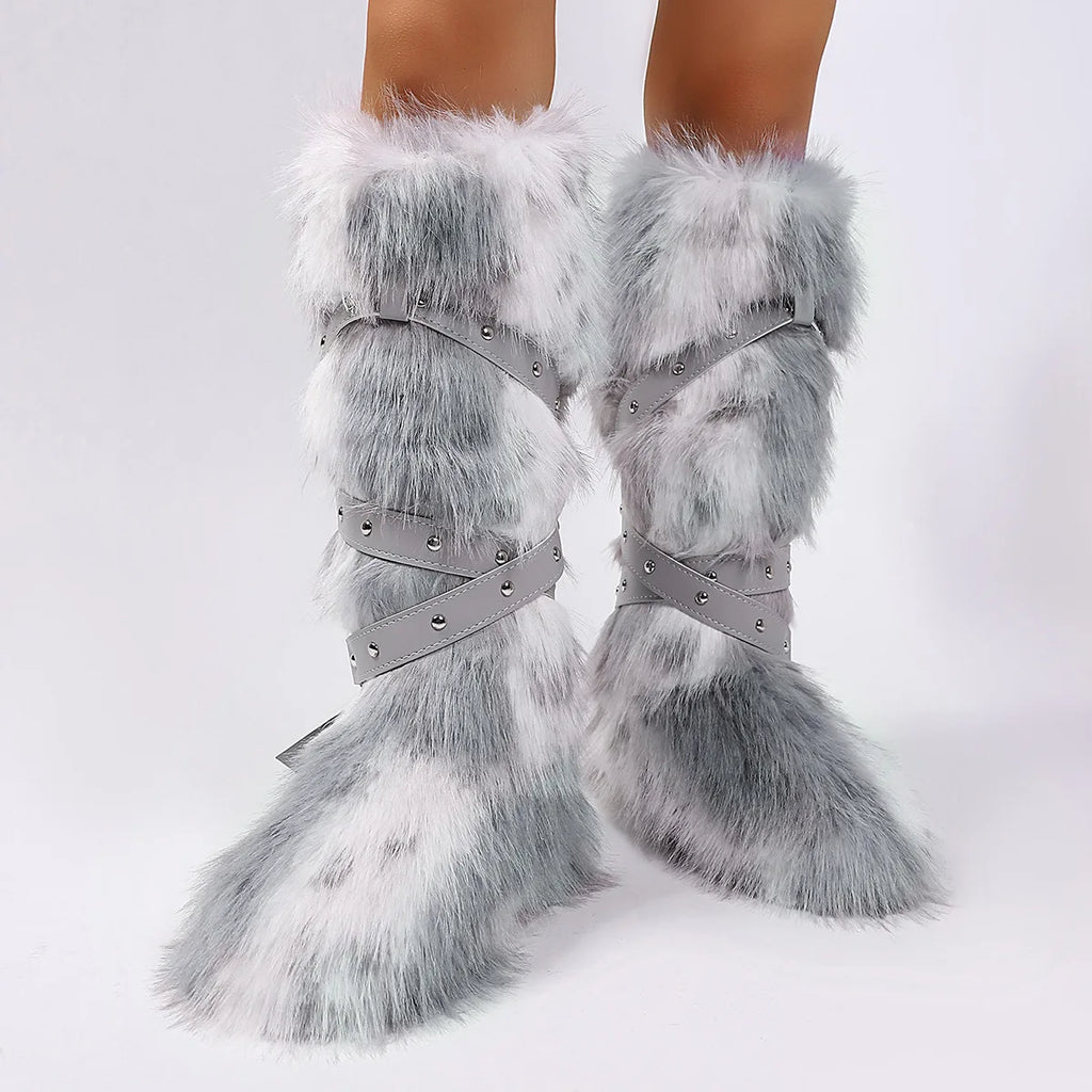 Botas femininas felpudas até o joelho |   Calçado de inverno com detalhes multi-fivela, texturas de leopardo e shearling