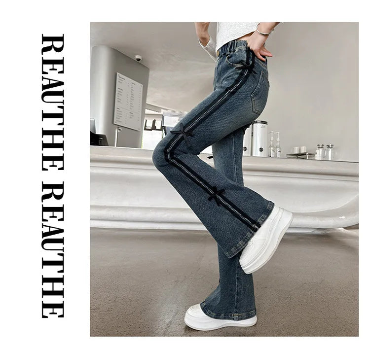 Crianças inverno fino ajuste bootcut flanela forrado jeans para meninas elegante isolado queimado calças jeans crianças calças térmicas quentes