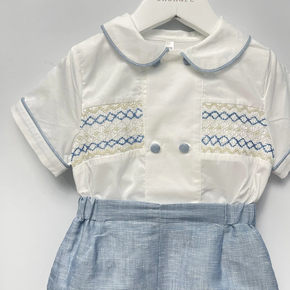 Roupa de boutique infantil, artesanal para menino, conjunto bordado, algodão azul, manga curta, roupa de irmãos, batizado, aniversário