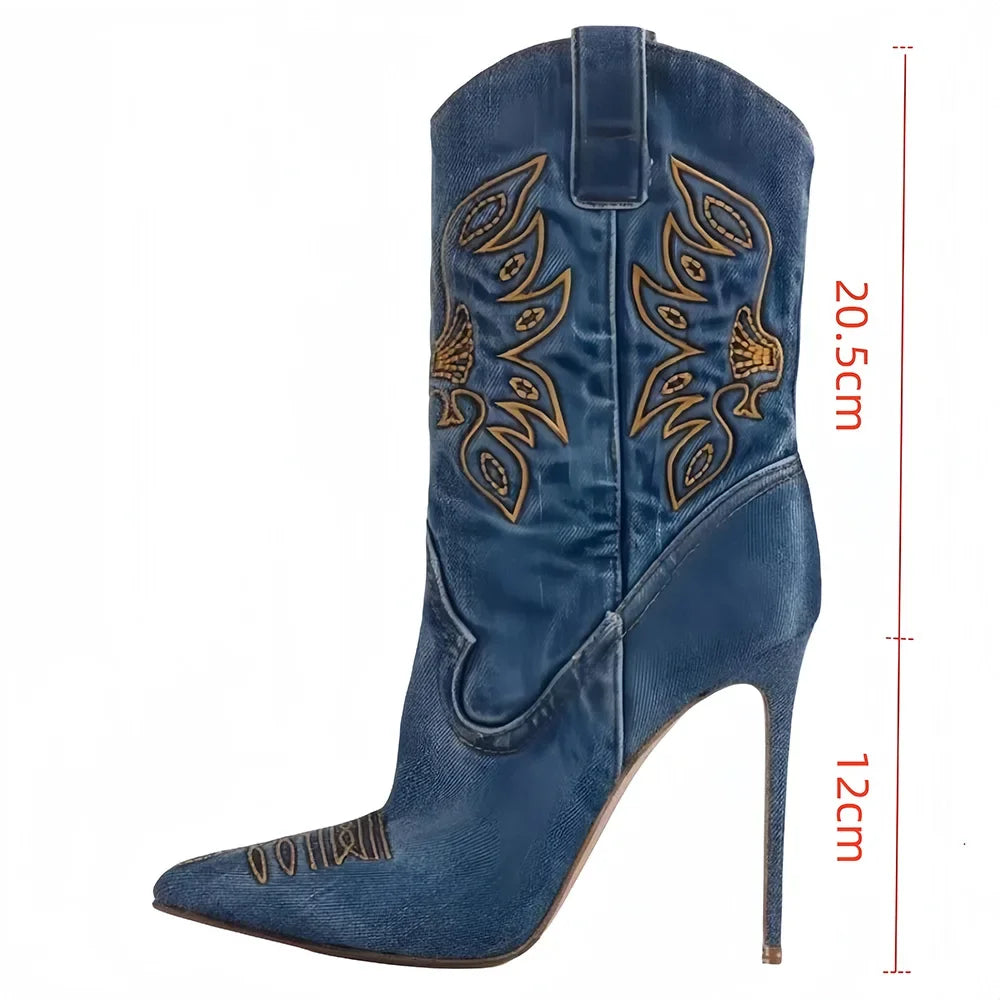 Moda feminina europeia e americana salto alto apontado ocidental denim bordado linha joelho manga alta botas de strass