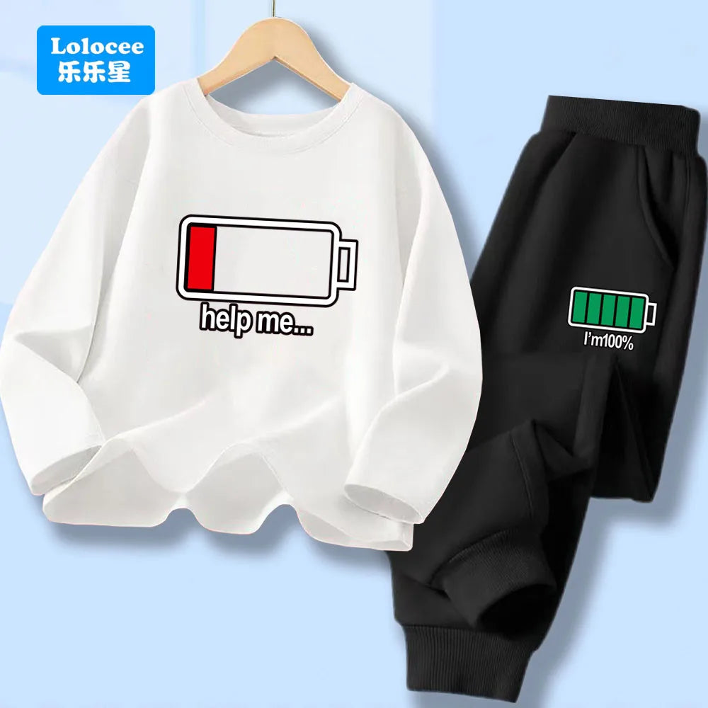 Outono criança menino manga longa 2 pçs conjunto de roupas crianças engraçado bateria carta impressa camiseta pulôver topo e calças fatos de treino dcw1