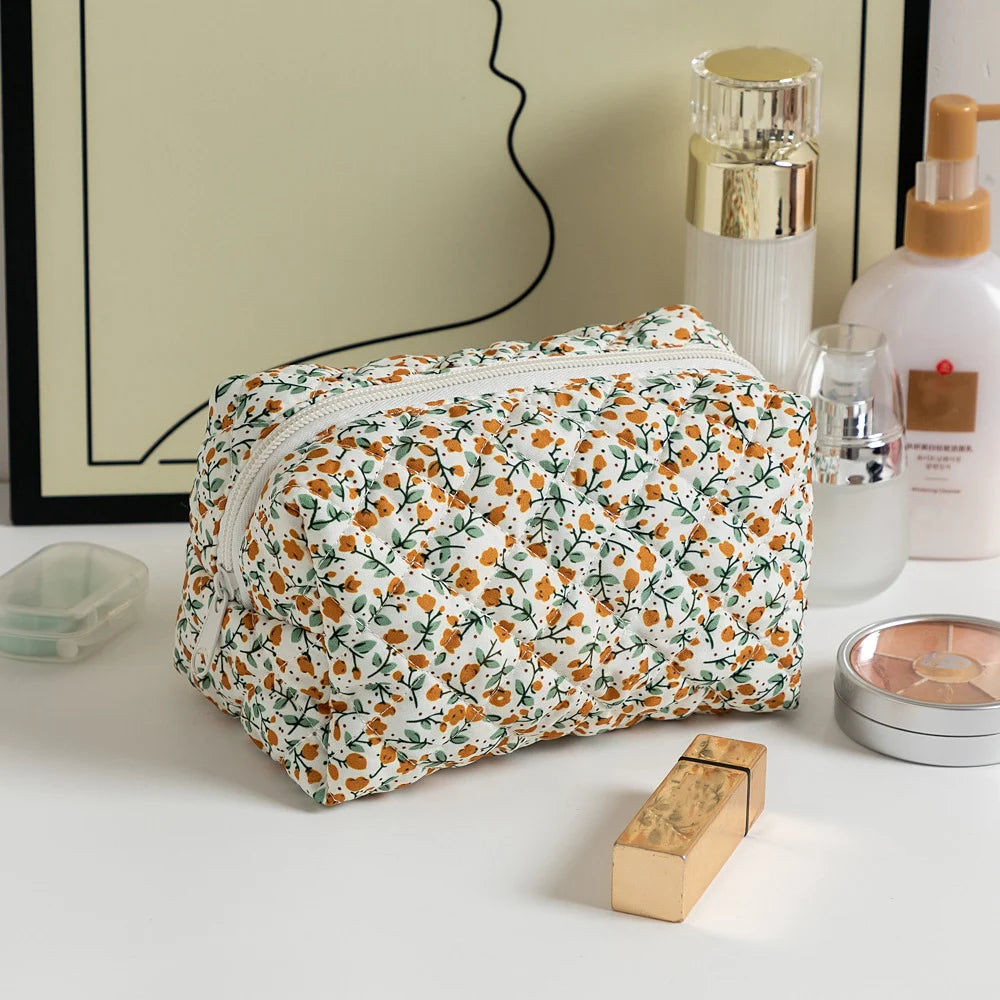 Sacos de maquiagem florais acolchoados com zíper bonito impressão flor organizador de armazenamento acessório de maquiagem saco de higiene pessoal grande saco de cosméticos feminino