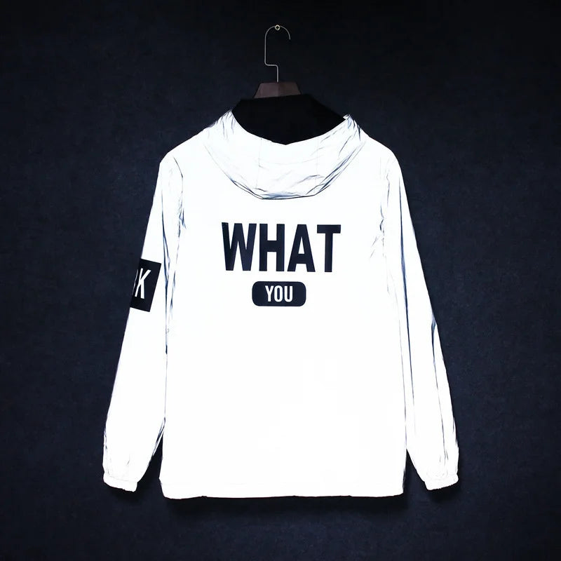 Jaqueta reflexiva completa masculina casual feminino blusão hip hop casaco com capuz à prova dwaterproof água impresso streetwear noite jaquetas brilhantes 5xl