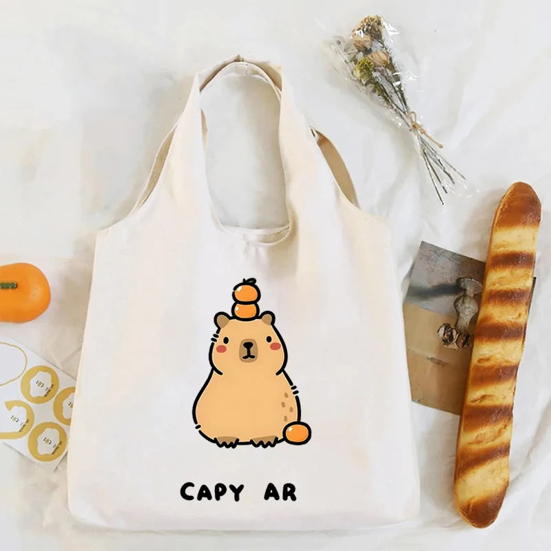 Capivara dos desenhos animados impressão branco lona sacola organizador feminino kawaii eco amigável bolsa de compras capivaras bonito sacos de ombro