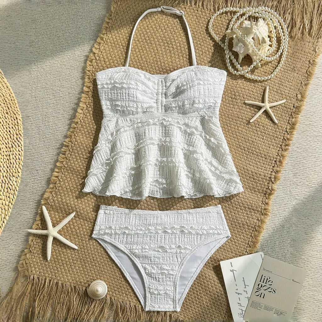 Conjunto de biquíni preto e branco para meninas, 2 peças, roupa de banho de cor sólida para crianças, meninas, verão, férias na praia