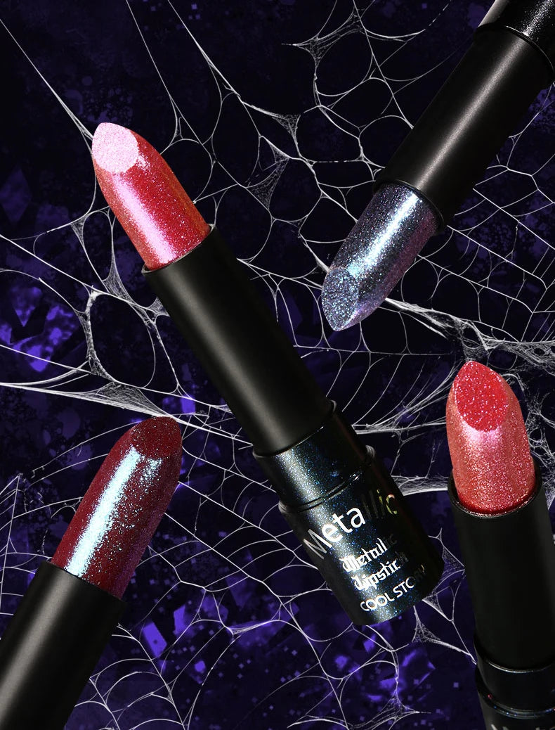Diamante rosa batom metálico glitter batom à prova dwaterproof água brilhante perolado azul escuro vermelho fosco brilho labial halloween lábios maquiagem