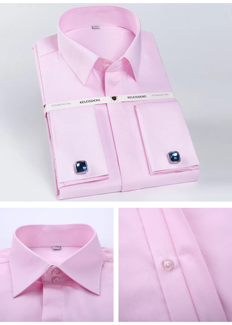 Camisa masculina clássica com punho francês, botão oculto, manga comprida, formal, ajuste padrão, camisas brancas (abotoaduras incluídas)