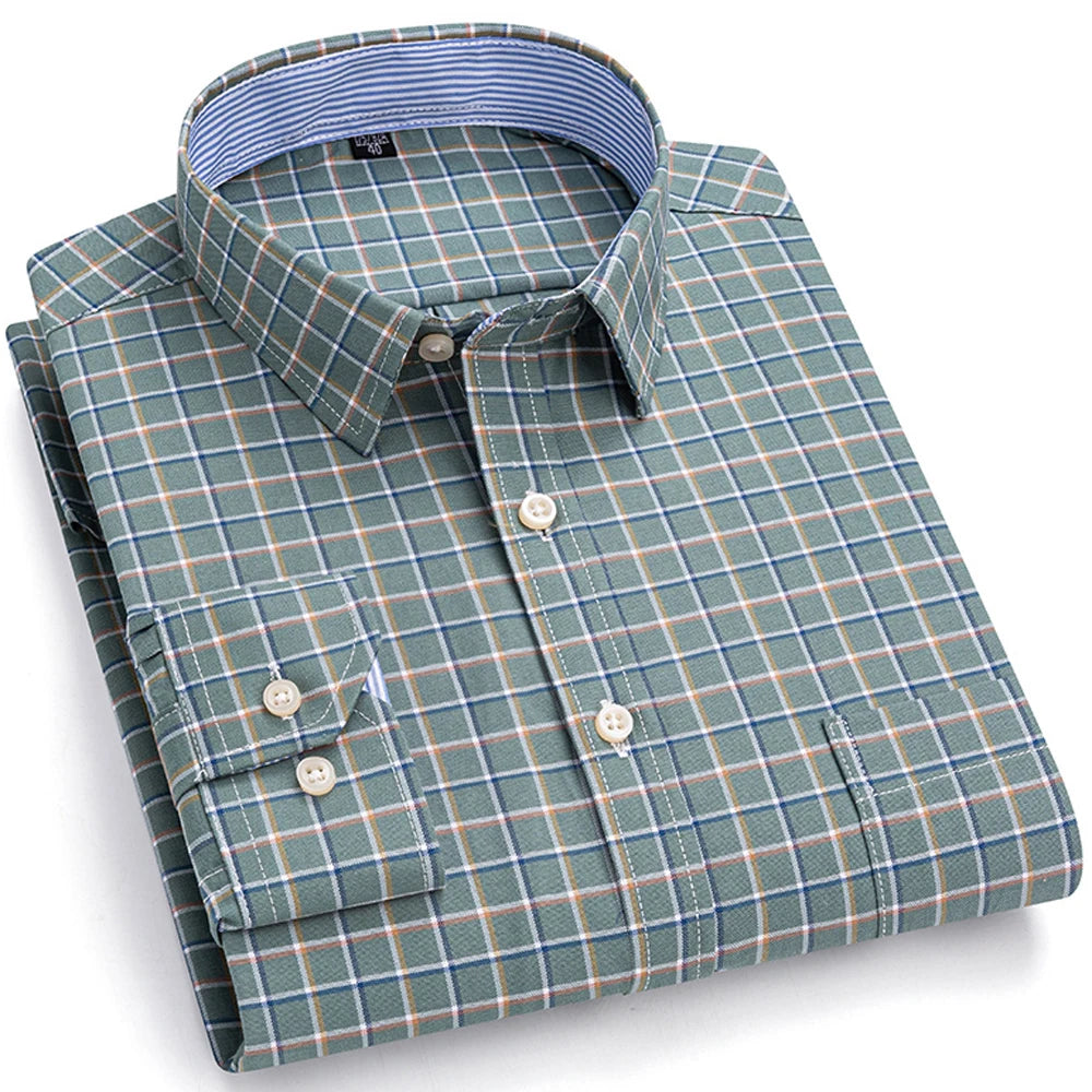 Camisas de vestido de algodão com design de gola de lapela listrada xadrez na moda masculina, camisa casual de manga comprida com botões para primavera/outono