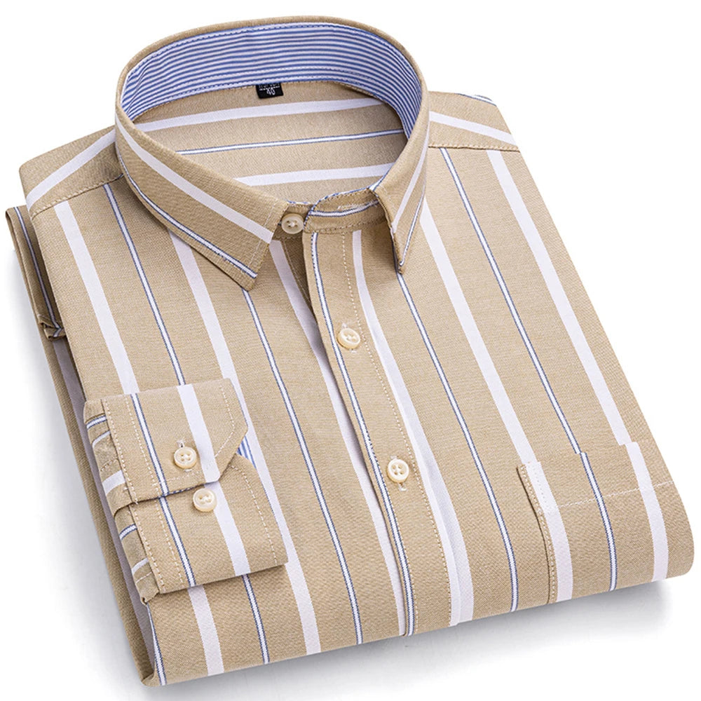 Camisas de vestido de algodão com design de gola de lapela listrada xadrez na moda masculina, camisa casual de manga comprida com botões para primavera/outono
