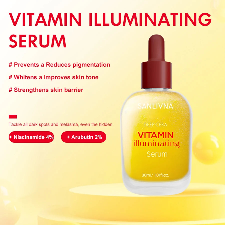 O soro de vitamina C e niacinamida ilumina o tom da pele e é rico em bakuchiol para melhorar e limpar os poros para cuidados faciais