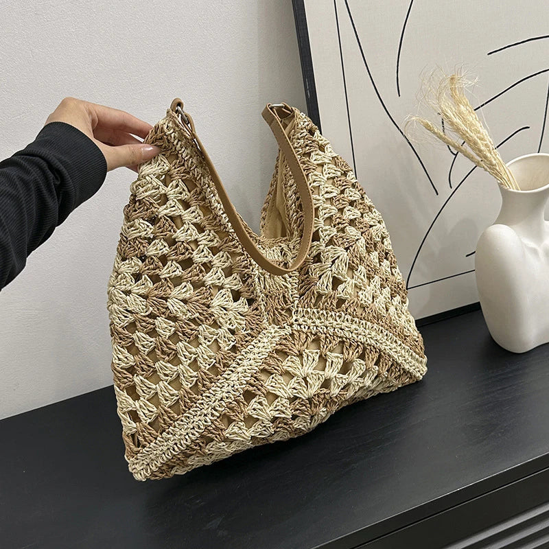 Bolsa de ombro de palha tecida feminina popular bolsa de tamanho médio com alça para férias na praia