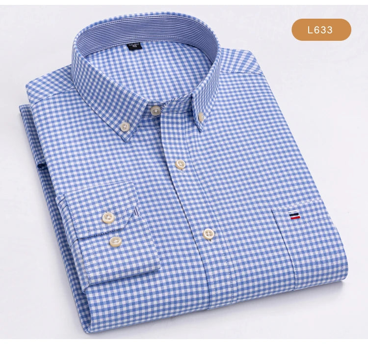 Camisas de vestido de algodão com design de gola de lapela listrada xadrez na moda masculina, camisa casual de manga comprida com botões para primavera/outono