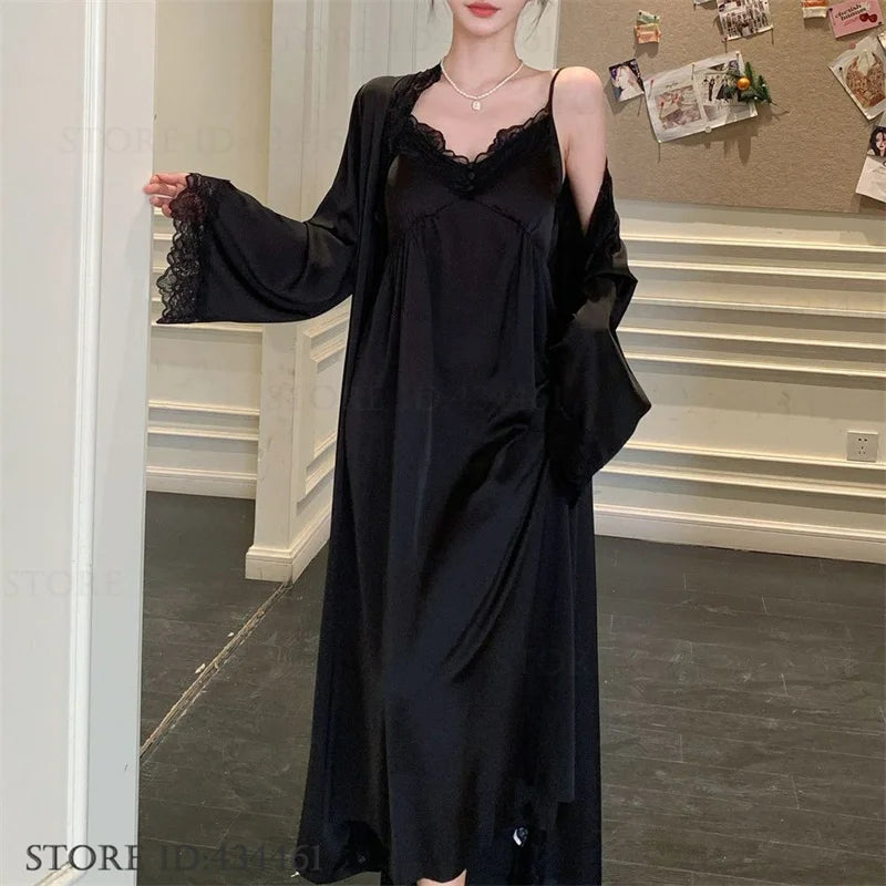 Feminino longo twinset robe conjunto sexy renda guarnição roupão de casamento quimono vestido sleepwear elegante seda gelo camisola loungewear homewear