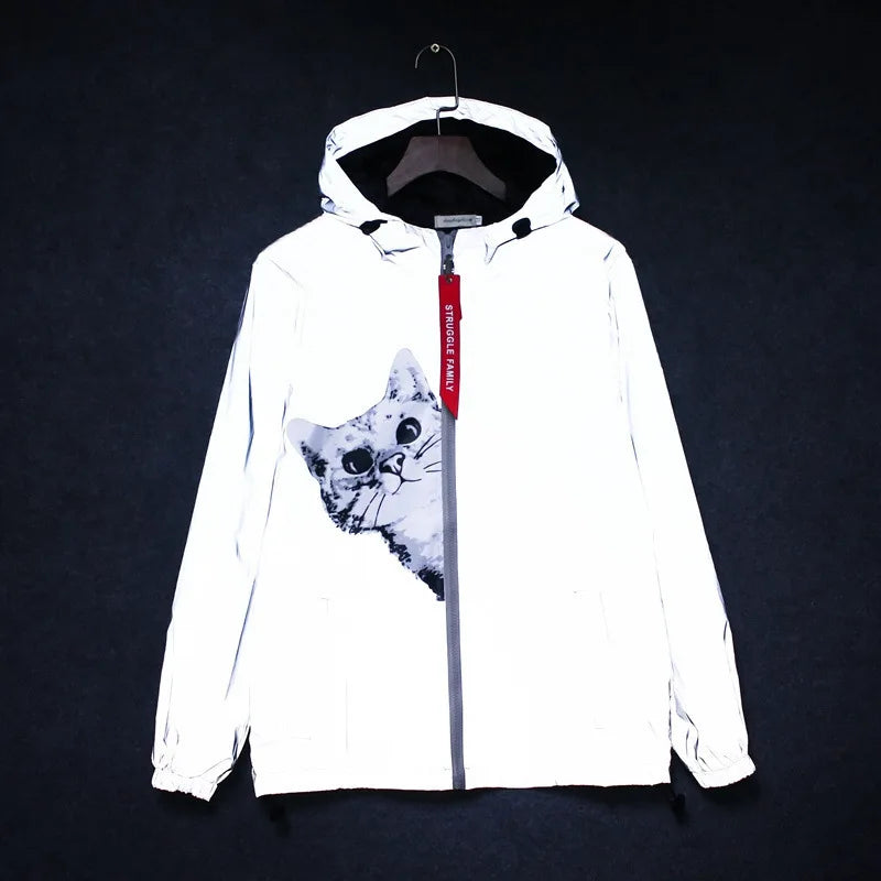 Jaqueta reflexiva completa masculina casual feminino blusão hip hop casaco com capuz à prova dwaterproof água impresso streetwear noite jaquetas brilhantes 5xl