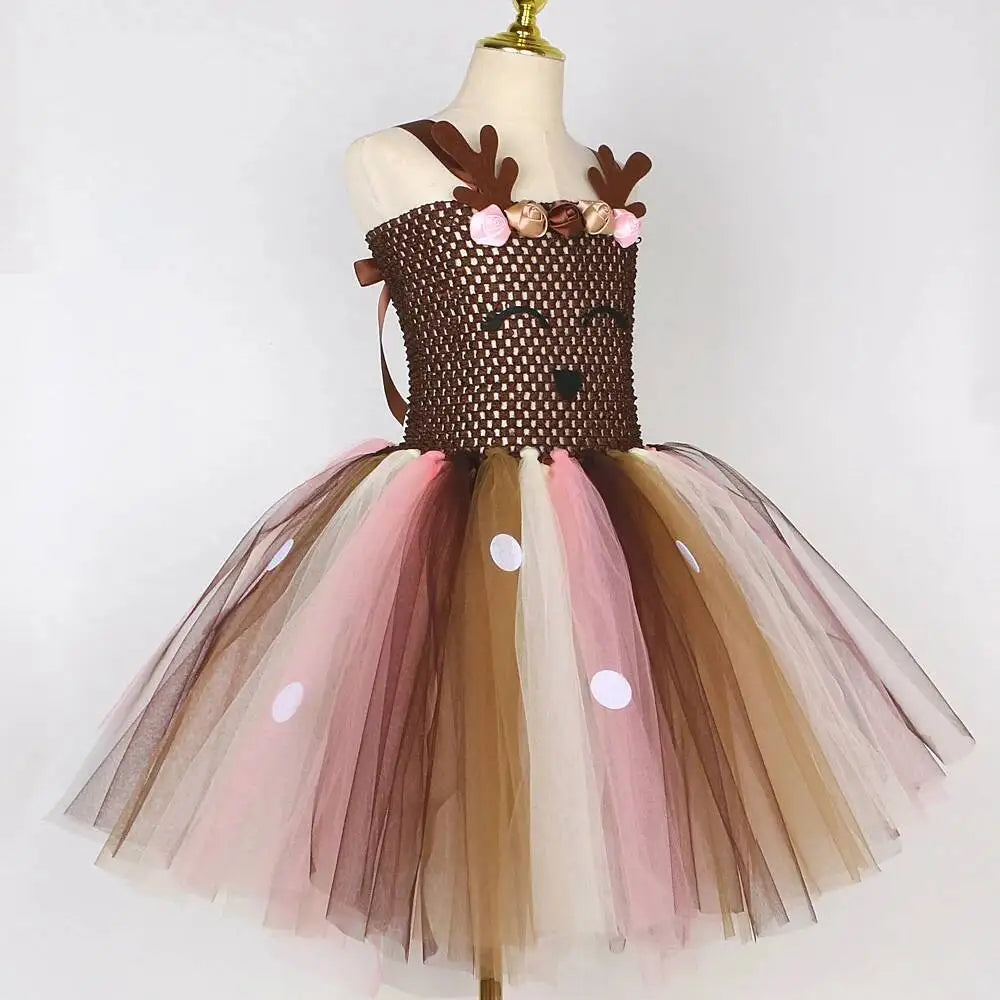 Bebê meninas trajes de veados de natal para crianças flor rena vestidos de princesa crianças natal ano novo ballet tutus outfit com arco