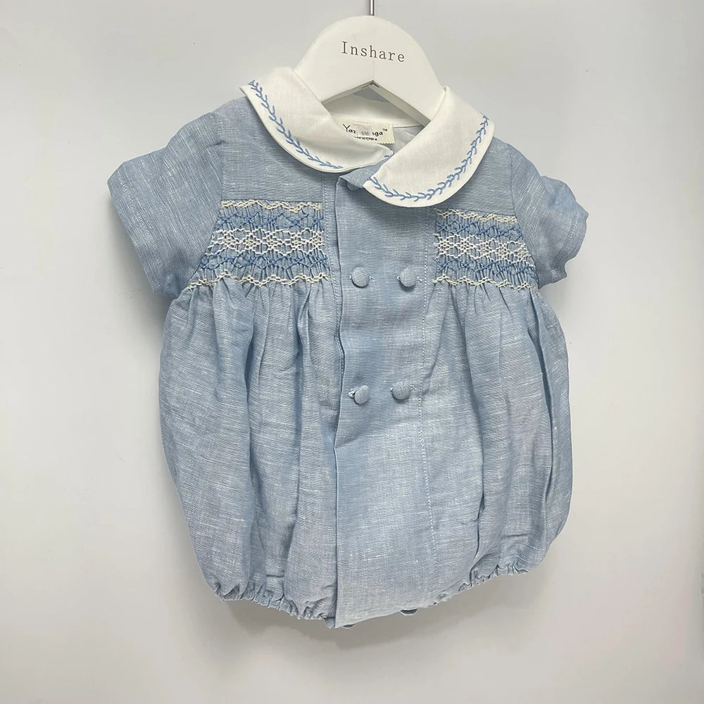 Roupa de boutique infantil, artesanal para menino, conjunto bordado, algodão azul, manga curta, roupa de irmãos, batizado, aniversário