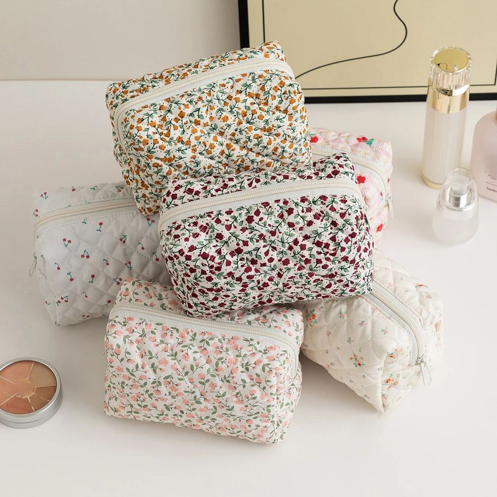 Sacos de maquiagem florais acolchoados com zíper bonito impressão flor organizador de armazenamento acessório de maquiagem saco de higiene pessoal grande saco de cosméticos feminino
