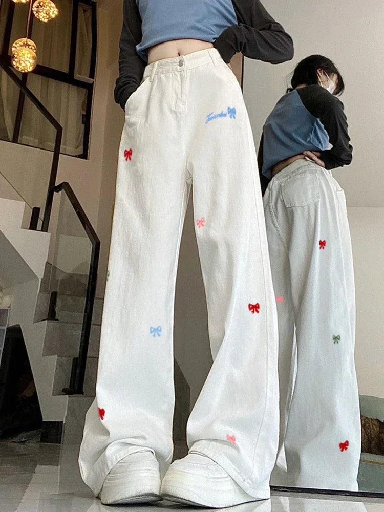 Arco bordado calças de brim femininas cintura alta vintage em linha reta baggy calças jeans coreano harajuku preppy branco perna larga denim