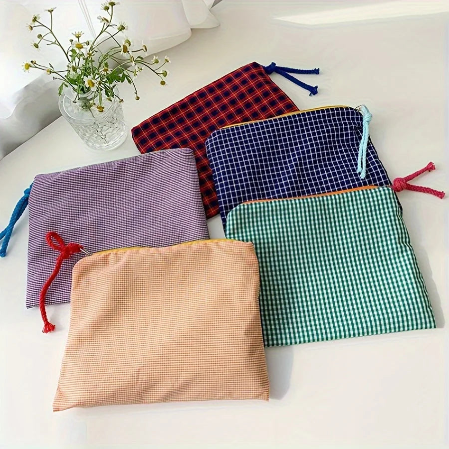 Venda quente feminino xadrez saco de maquiagem grande capacidade algodão zíper bolsa bolsa de viagem saco de maquiagem portátil simples bolsa saco de cosméticos