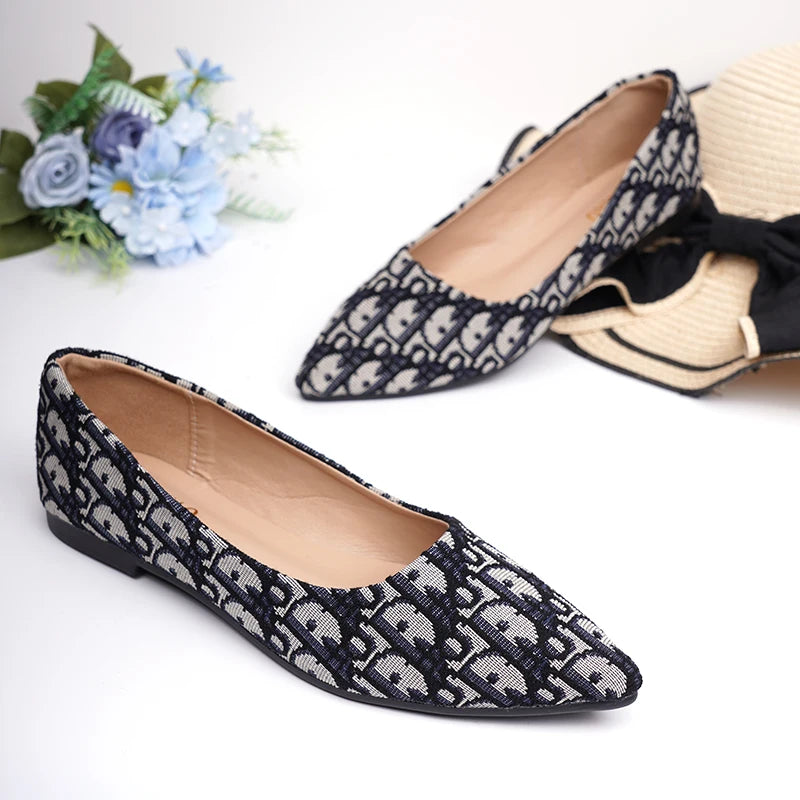 Designer de luxo sapatos baixos de pano para senhoras, toe slip-ons redondos para pé largo 44-32 2023, mocassins pretos, mocassins de balé, recém-chegados