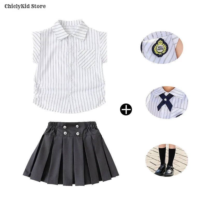 Meninas coreano japonês preppy listrado blusa saias meninos camisas shorts crianças conjuntos de roupas verão estudantes uniformes escolares