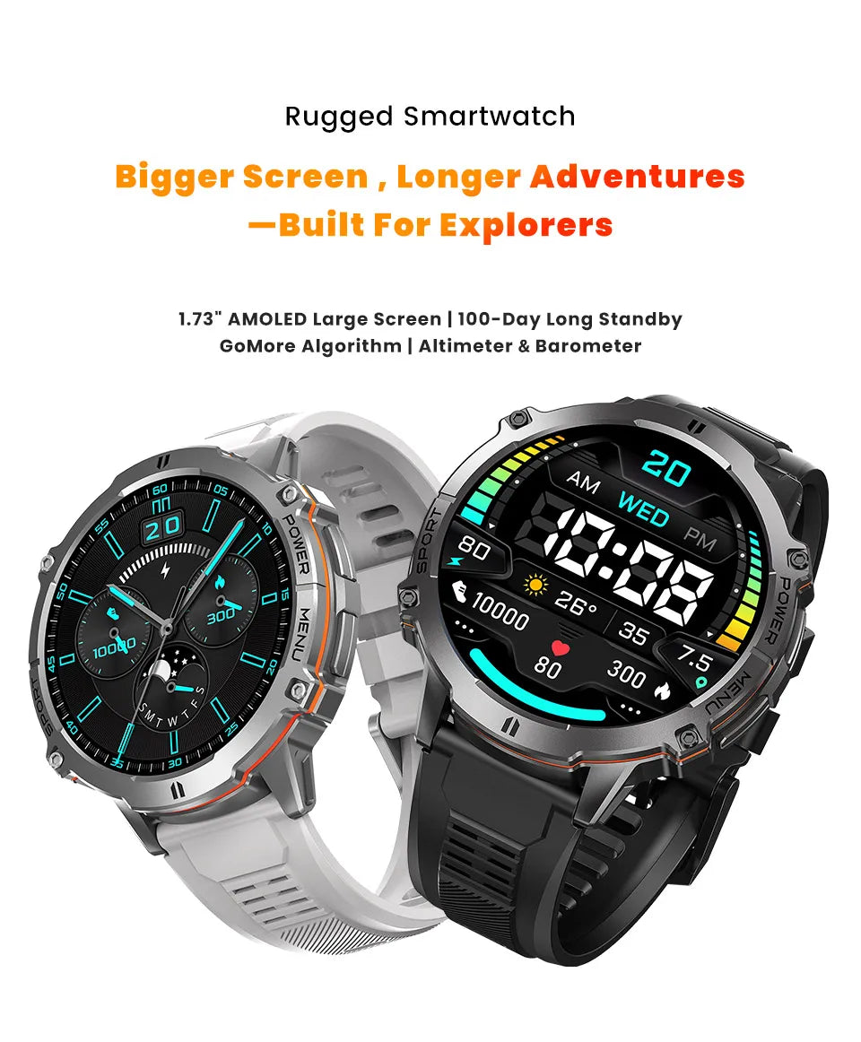 Relógio Inteligente Masculino T REX 3 com Tela AMOLED de 1.73", Bússola, Chamada BT, Resistente à Água 1ATM, Relógios Esportivos para Homens IOS Android 2026