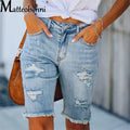 Calça jeans rasgada feminina com borla, calça elástica alta, cintura média, cinco pontos, buraco fino, shorts casuais femininos, verão, rua