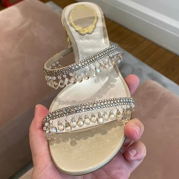 Sandálias de strass para mulheres, salto de bloco, cristal, Open Toe, salto médio, novo, verão, 2024