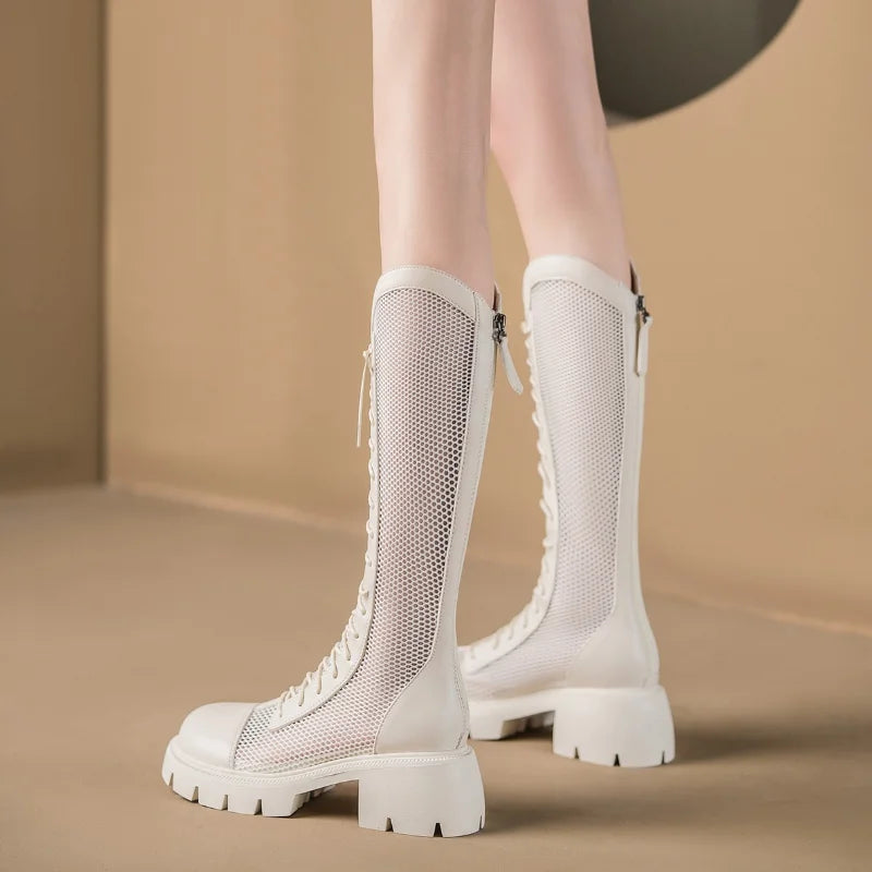 Mulheres verão joelho-alta malha botas altas femininas plataforma respirável malha rendas botas de cavaleiro salto grosso oco longo cavaleiro botas