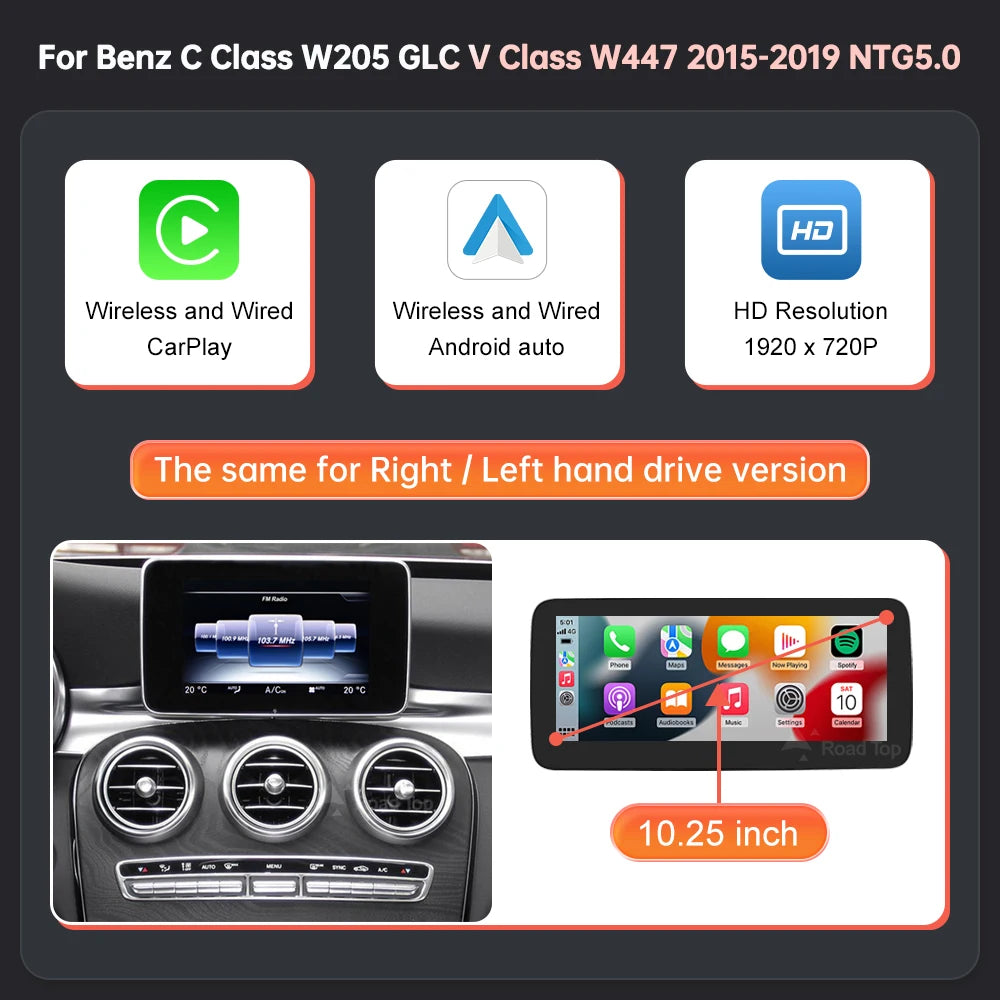 Tela multimídia linux sem fio carplay android auto para mercedes-benz w205 w176 glc a c v classe w447 cla gla 2015-2018 ntg5.0