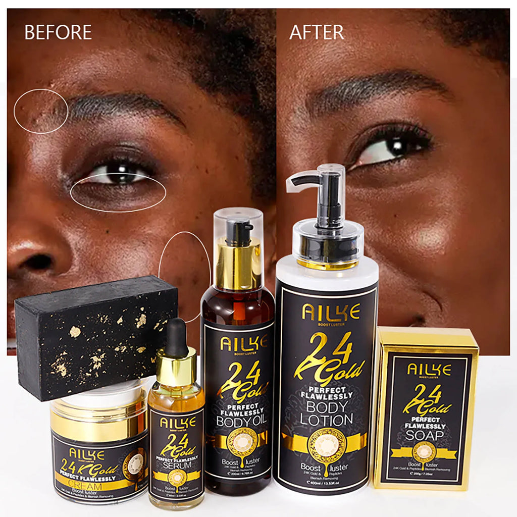 AILKE 24K Glod Alcance de cuidados com a pele impecável, clareador de pele, reduz manchas escuras, melanina, rugas, hidratação, para mulheres e homens