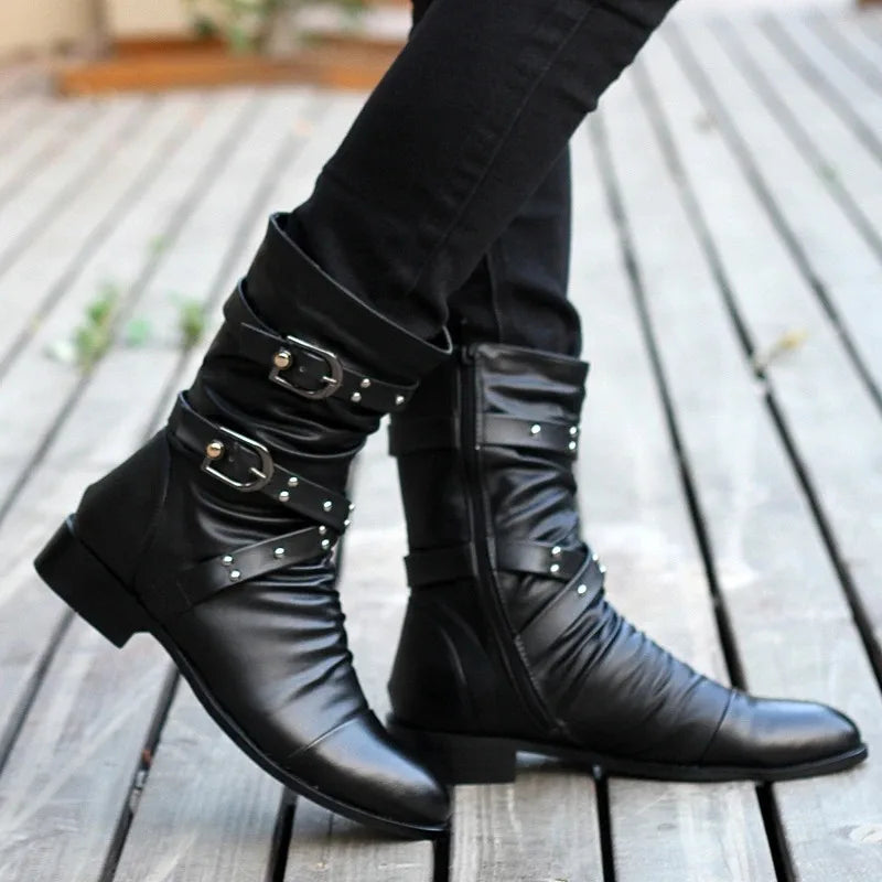 Inverno apontou toe botas de cano médio masculino fivela cinta chelsea bota para homens de couro botas de motocicleta alta superior homem sapato de inverno