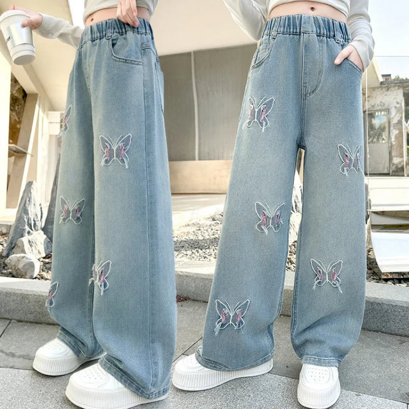 Coreano menina perna larga jeans com lindas borboletas crianças cintura alta solta calças jeans adolescente casual jeans crianças