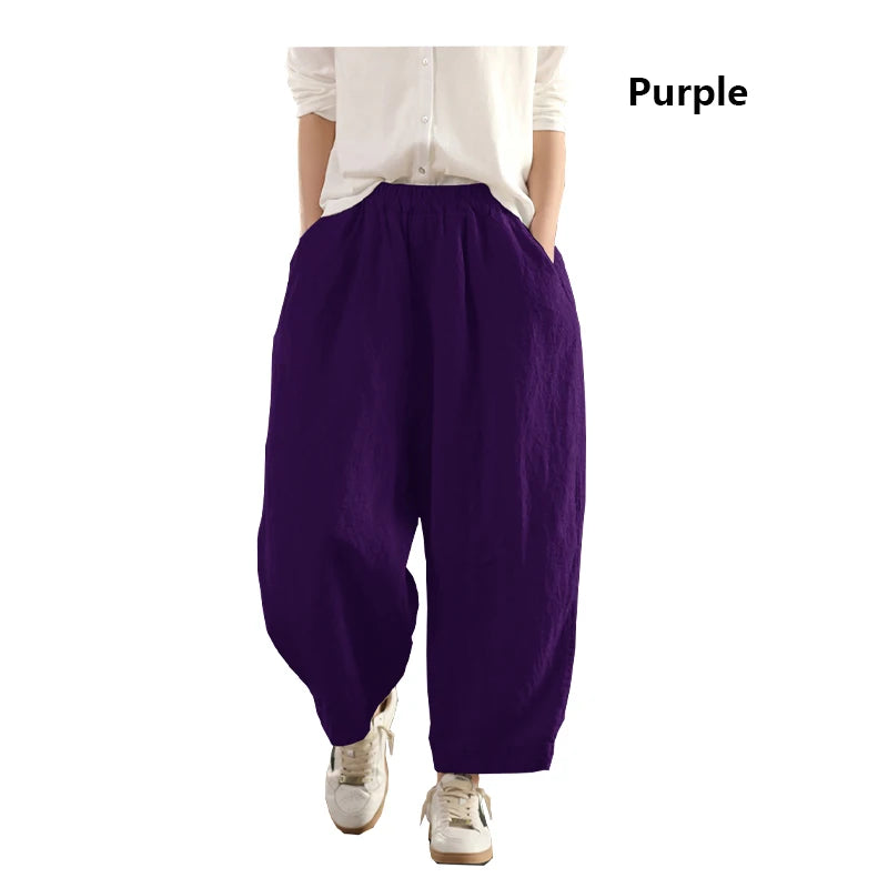 Calças compridas femininas de linho puro natural, estilo solto e retrô, calças largas, roupas de tamanho grande, casuais ao ar livre, confortáveis e legais