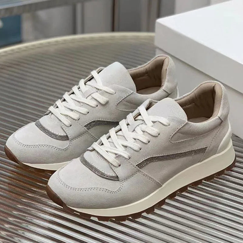 Sapatos casuais mulher dedo do pé redondo corrente corda grânulo conforto tênis de corrida senhoras camurça vaca retalhos rendas até tênis planos