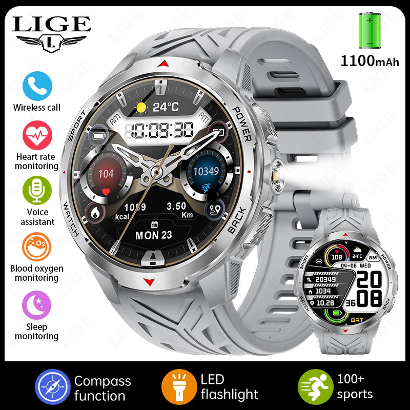 Relógios Inteligentes LIGE Novos com Bateria de 1100mAh para Homens, Esportes ao Ar Livre, Lanterna LED, Bússola, Relógio Inteligente Masculino com Chamada Bluetooth