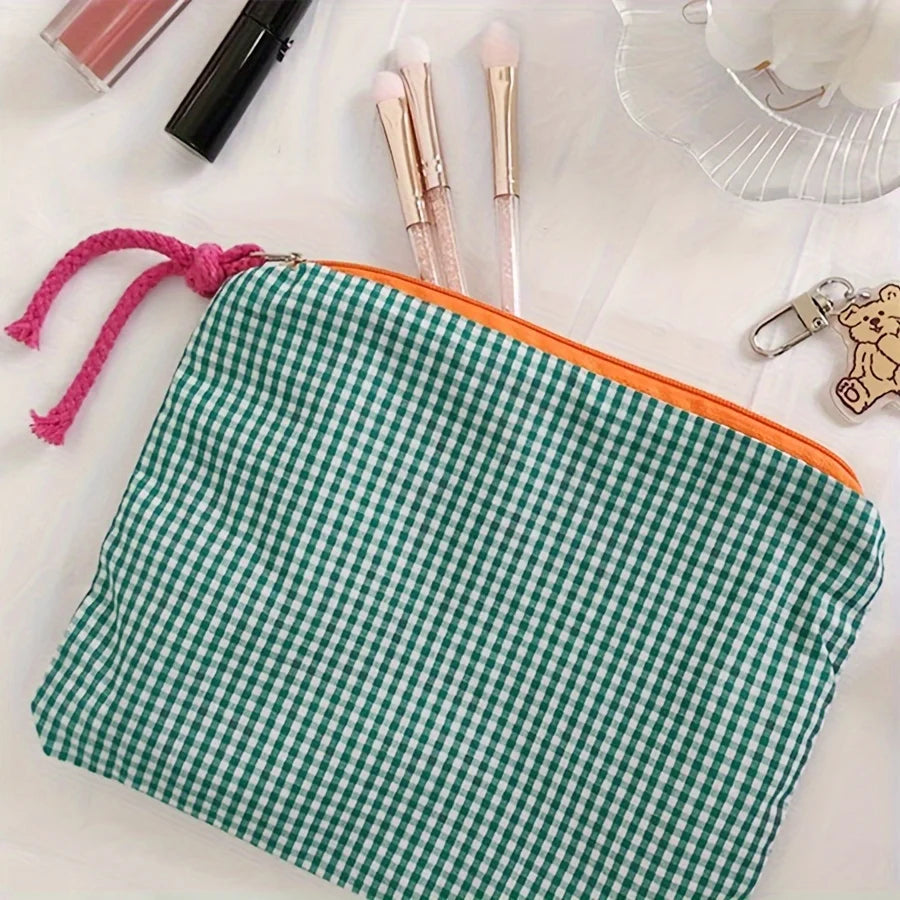 Venda quente feminino xadrez saco de maquiagem grande capacidade algodão zíper bolsa bolsa de viagem saco de maquiagem portátil simples bolsa saco de cosméticos