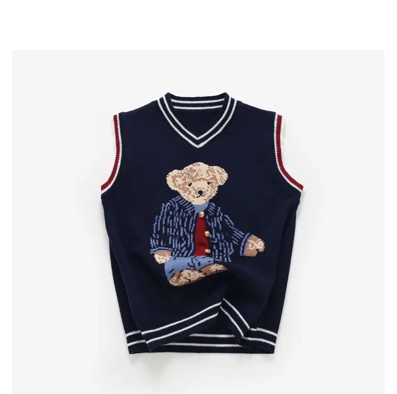 Colete camisola para crianças urso malha topos sem mangas pulôver de malha de natal bonito bebê meninos meninas roupas crianças sem mangas topos